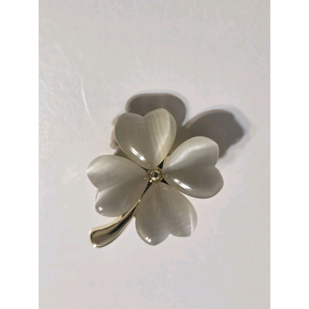 Four-Leaf Clover Faux Moonstone Gold-Tone Brooch